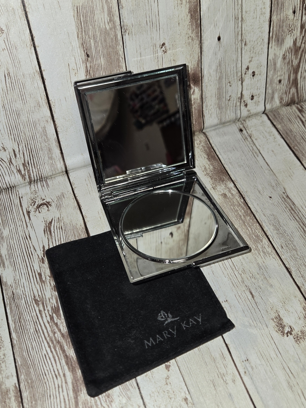 Mary Kay Compact Mirror w/ Velvet Case Silver Folding Purse Size